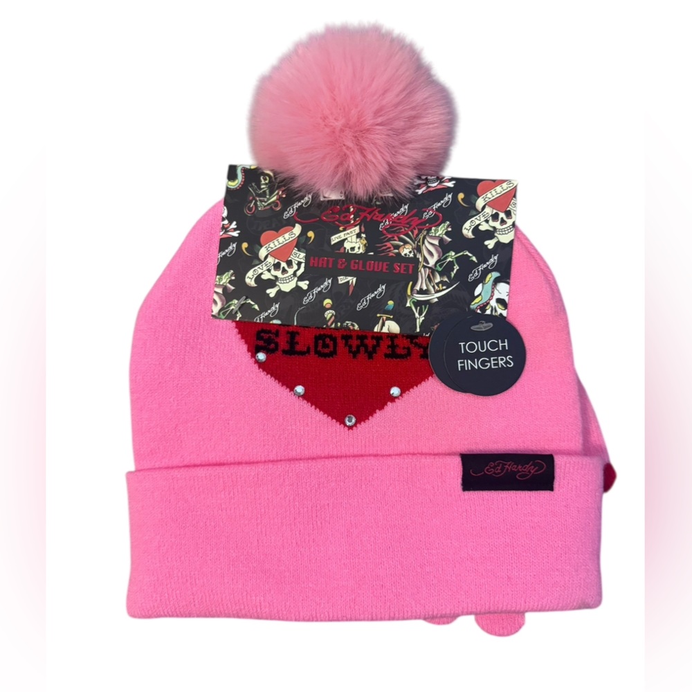 Ed Hardy Vibrant Pink Hat with Pom Pom